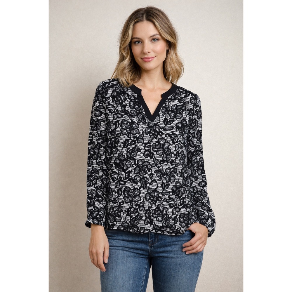 Gibson Latimer Womens Black White Floral Lace Print V-Neck Blouse Large